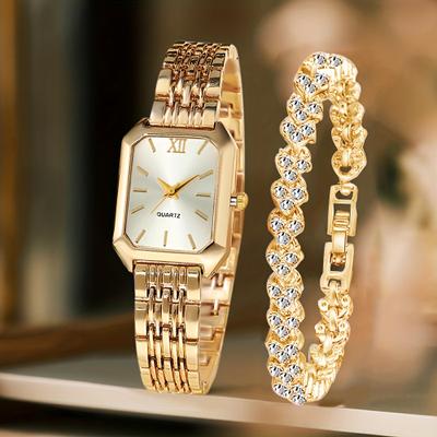 Fusion Finds Luxury Women's Quartz Watch Set With Rhinestone Bracelet & Rectangle Roman Dial Dress Watch gold White Kit