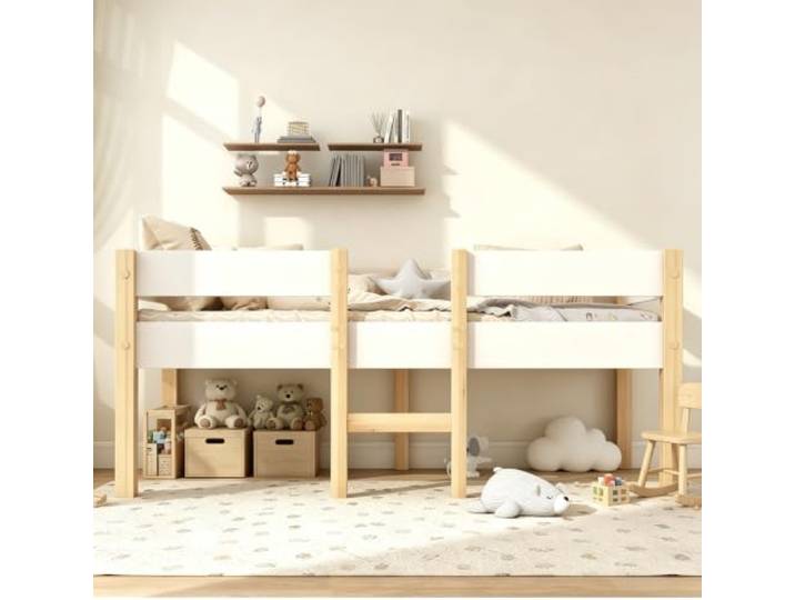 Bellemave Halbhohes Kinderbett 90x200,mit Rausfallschutz,Weiß Inklusive Lattenrost, Kiefer-Massivholz-Konstruktion, Stauraum unter dem Bett, Belastbar bis 120 kg, Skandinavisches Design