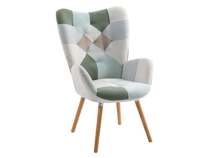 Fauteuil scandinave patchwork en tissu polyester aqua