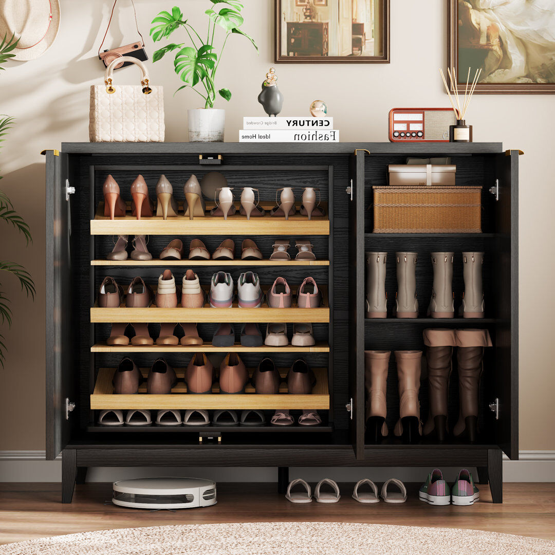 Latitude Run 5-Tier Shoe Cabinet with Rotating Shoe Rack and Adjustable Shelves, Freestanding Shoe Storage Cabinet Black 25