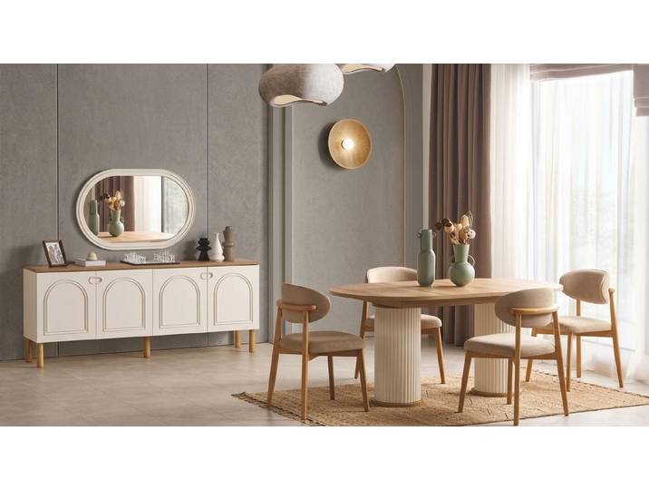 Xlmoebel Sideboard Moderne beige Konsole mit ovalem Tisch und Spiegel für Wohnzimmer (3-teiliges Set, Konsole, Tisch, Spiegel), Made in Europa