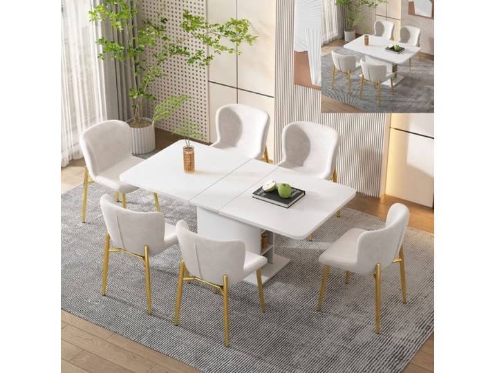 Table à manger extensible 110–130 cm pour 4 à 6 personnes – Avec rangement robuste gain de place et pas chère – Blanc