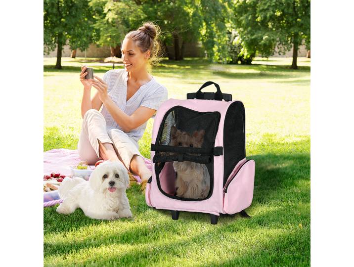 PawHut Sac Transport 2en1 Chiens Chats Roues Poignée Rose 42cm