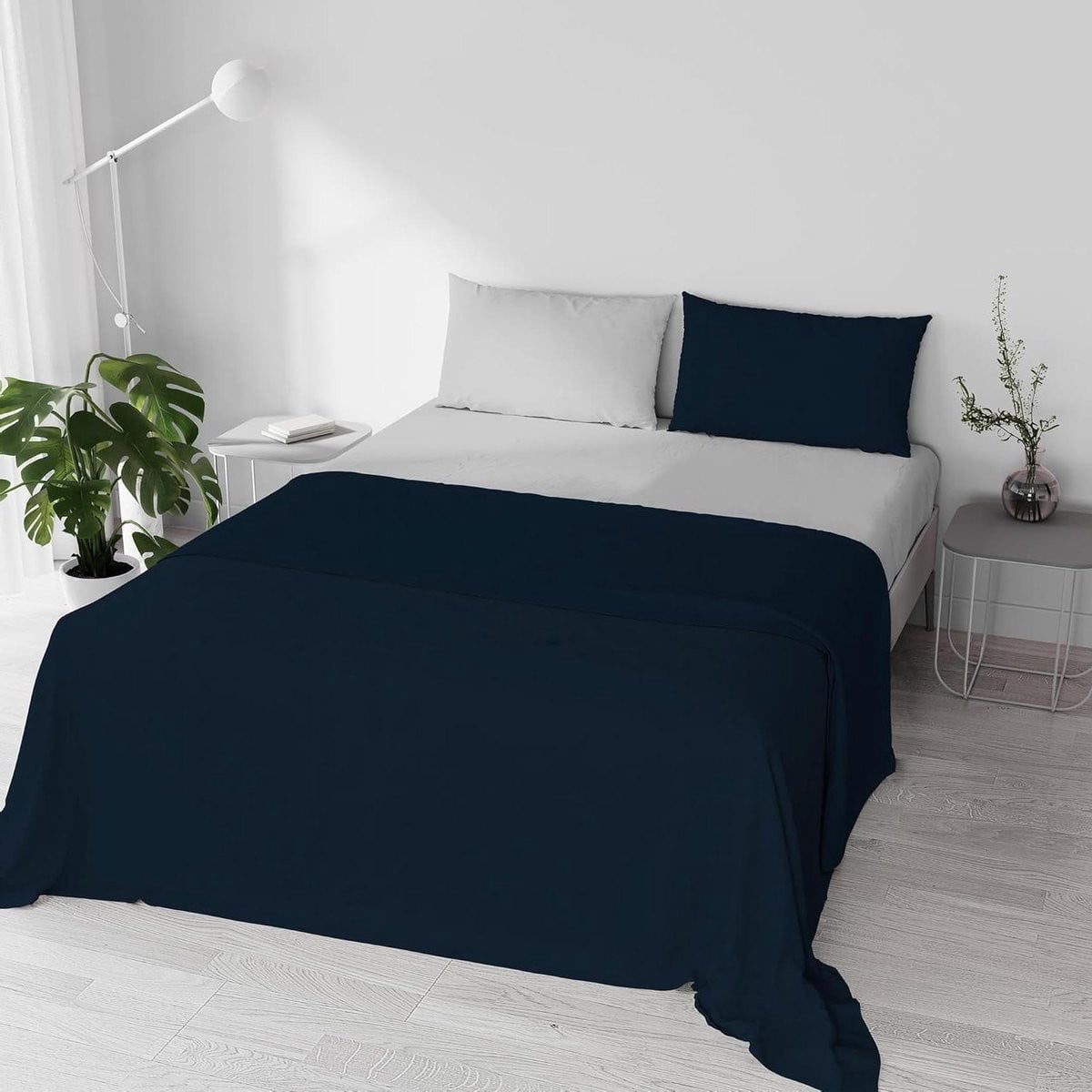 Tweepersoons Linnen Beddengoed Set - Donkerblauw/Lichtgrijs