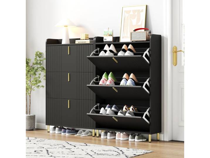 MEULVA Meuble à chaussures lot de 2 noir mat 3 abattants MDF entrée dispositif anti-basculement