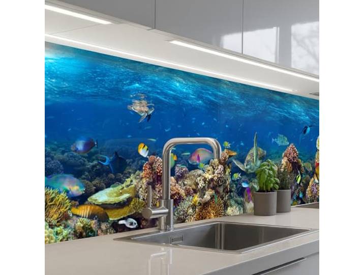 KitchenYeah© Spritzschutz Küche Küchen Rückwand Küchendeko Wand Wandschutz 80x400 cm - Selbstklebend Backsplash Kitchen Peel And Stick Unterwasserlandschaft - Fische - Schildkröte - Blau