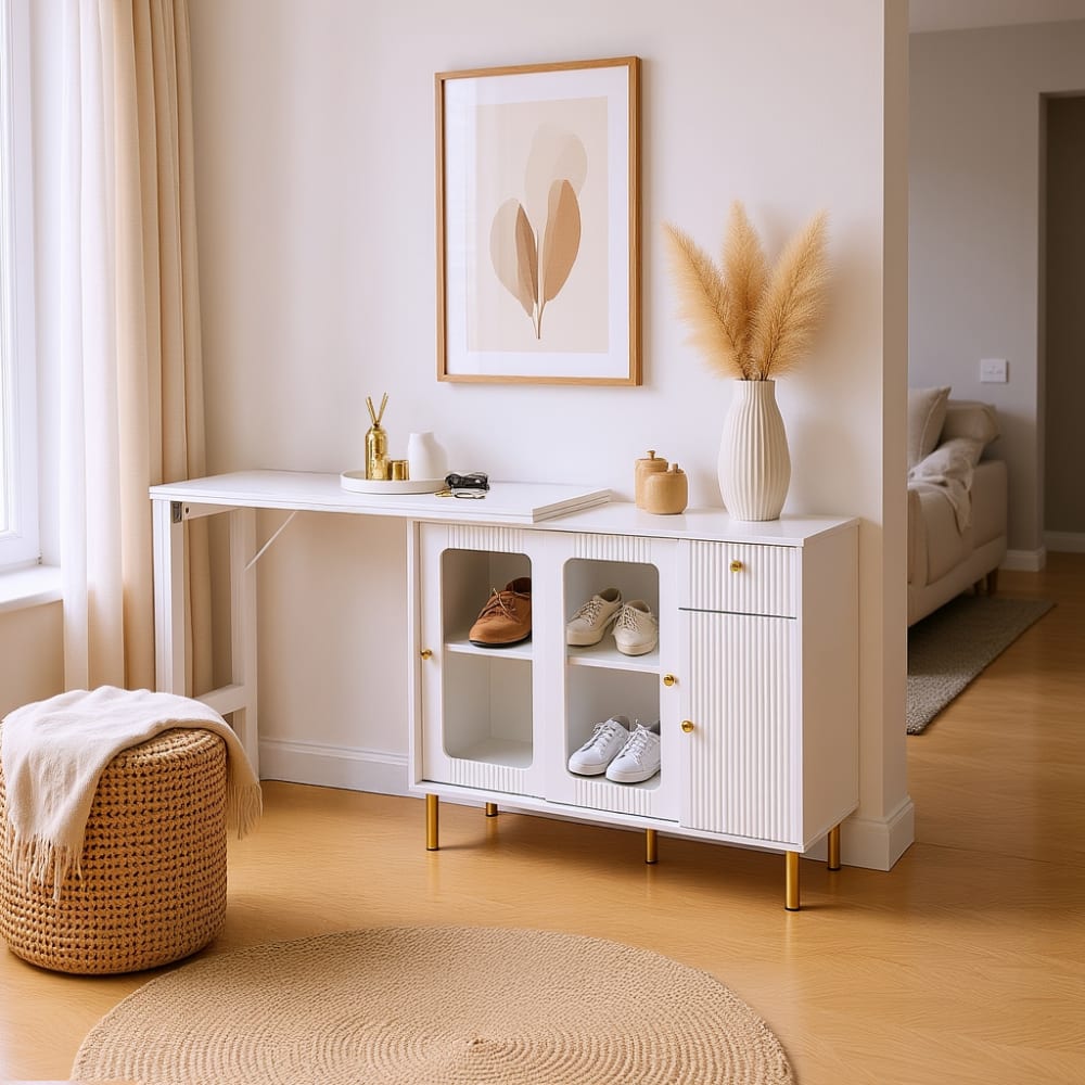 Urban Meuble Table d appoint blanche avec rangements et détails dorés Blanc 122x82x80cm