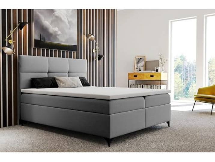 TRADA Boxspringbett 140x200 cm mit Bonellmatratze H3, LIMBA, Grau Modern Bett mit Topper 5 cm und Metallfüße und Bettkasten