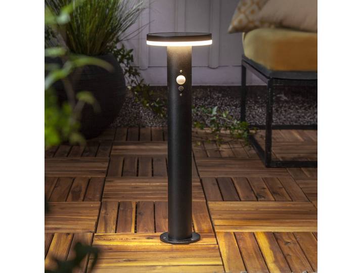 STAR TRADING Solar-LED-Sockelleuchte Valletta Sensor schwarz Metall 50 cm, schwarz, Edelstahl, Modern, Solarleuchte