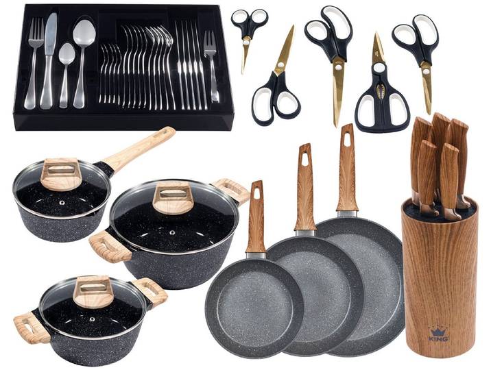 KING Topf-Set Essential 21, Aluminiumguss (Set, 51-tlg., 3Töpfe,5Messer,Messerblock,3Pfannen,Etui,Menü-+Kuchenbesteck,5Schere), Holzoptik, Induktion