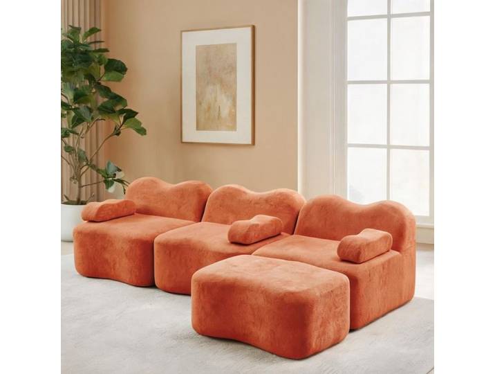 Canapé d'angle 3 places modulable en velours orange finish avec pouf dédié au salon domestique