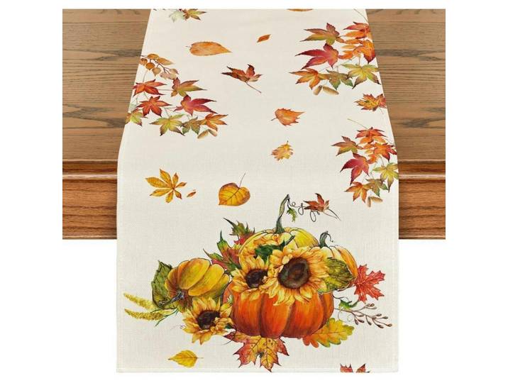 Tischläufer Herbstmotiv Kürbisse Sonnenblumen 40 x 140 cm, Creme, 40x1.5x140 cm, Heimtextilien, Wohntextilien, Tischwäsche, Tischläufer