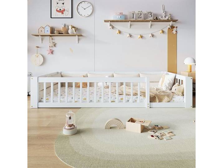 Lit plateforme blanc 90x200 avec barrières latérales et coussins