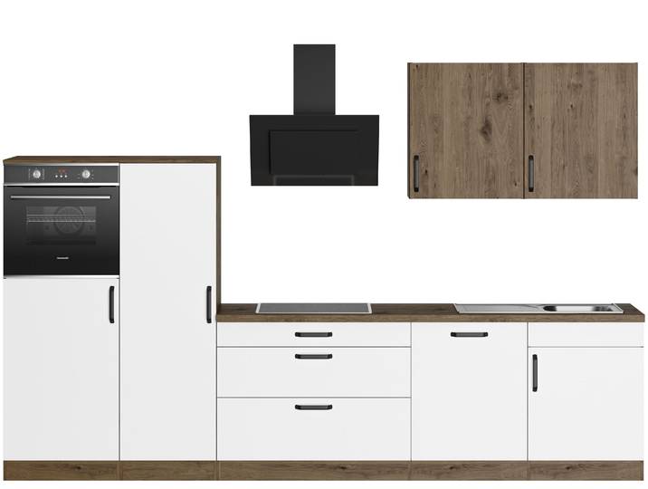 Küchenzeile WIHO KÜCHEN Elba , weiß (küche: weiß, korpus: halifax eichefarben braun, arbeitsplatte: halifax eichefarben braun), B:330cm T:60cm, Komplettküchen-Sets, Küchenzeile, wahlweise mit Hanseatic E-Geräten, Breite 330 cm