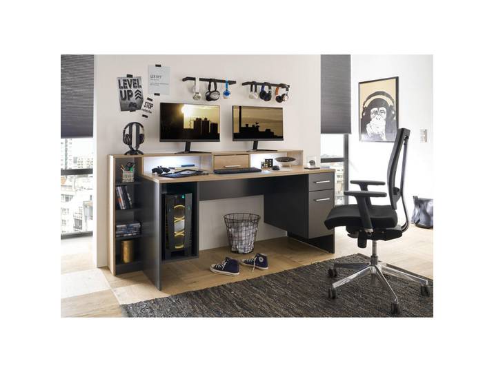Livetastic Gaming-Tisch, Grau, Eichefarben, Holzwerkstoff, 1 Schublade(n) Schubladen, rechteckig, 70x91x182 cm, Büromöbel, Schreibtische, Gaming-Tisch