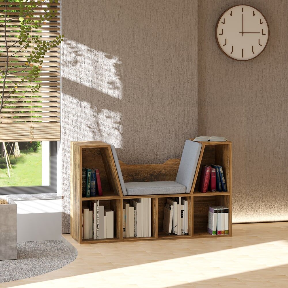 Homcom Bibliothèque banc 6 casiers coussins panneaux de particules marron Marron 102x61x30cm