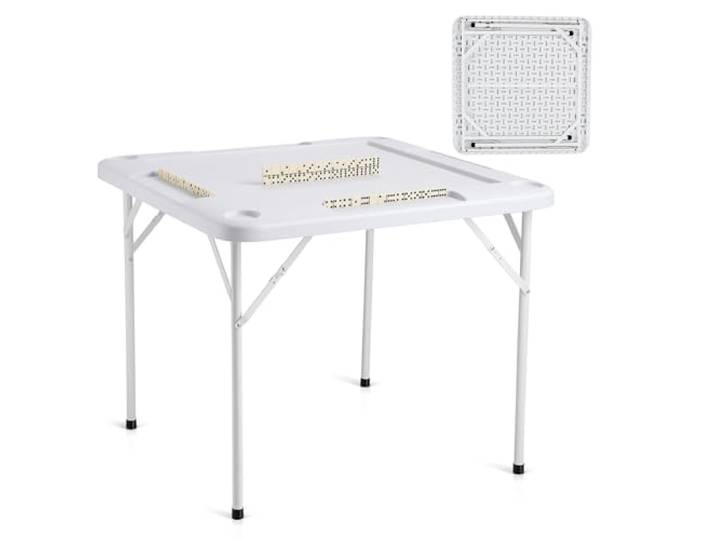 VEVOR Table de Mahjong Pliante Carrée pour 4 Joueurs\, Table de Jeu de Cartes Portable\, avec 4 Porte-gobelets et 4 Plateaux à Jetons\, Jeu de Dominos pour Puzzles Poker Mahjong\, 90 x 90 cm\, Blanc