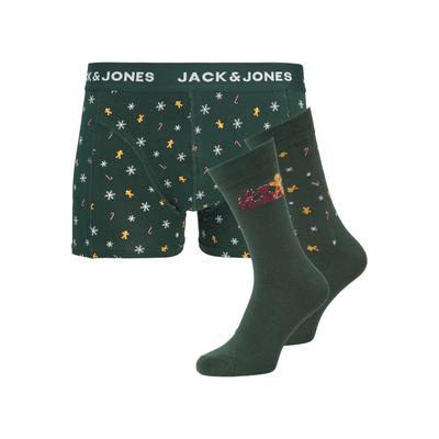Trunk JACK & JONES "JACXMAS GINGERBREAD GIFTBOX", Herren, Gr. S, 3 Stk., Jersey, grün (pine grove pack:pine grove, pine grove), Jersey, Obermaterial: 95% Baumwolle, 5% Elasthan, bedruckt, Unterhosen, Weihnachten, Geschenkbox mit Socken