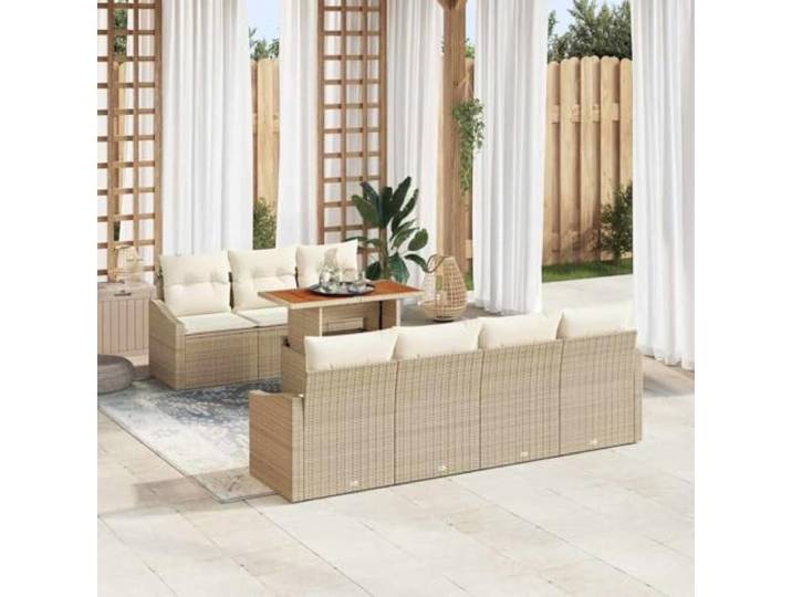 KTHLBRH 8-teiliges Poly-Rattan Garten-Esszimmer-Set in Beige und Creme Poly-Rattan, pulverbeschichteter Stahl, massives Akazienholz, abnehmbare Polyesterkissen, verstellbare Füße, modularer Aufbau