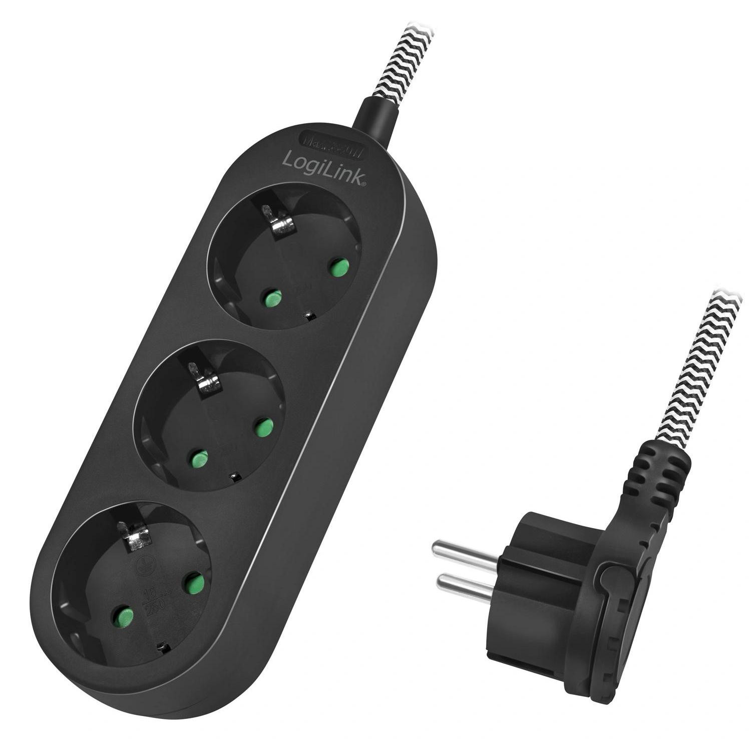 LogiLink LPS261 stekkerdoos 3-voudig met stoffen kabel zwart