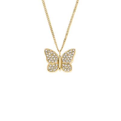 Kette mit Anhänger FOSSIL "Schmuck Geschenk Edelstahl SUTTON Schmetterling", gold (gelbgoldfarben, kristallweiß), Halsketten, Damen, Edelstahl, L: 45,5 B: 1mm, mit Glasstein, B:1mm