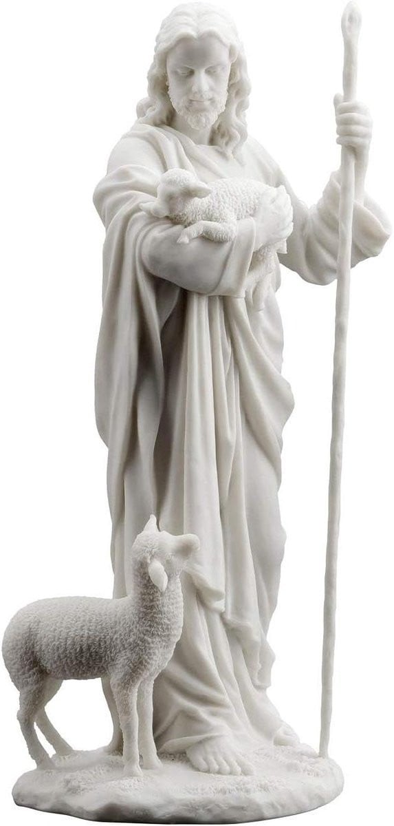 Jezus de Goede Herder beeldhouwwerk - Wit religieus beeld voor woondecoratie - Hoogte: 29 cm