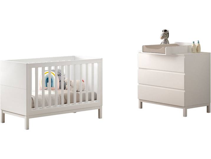Babymöbel-Set VIPACK Set best. aus Babybett 60/120, Kommode 3 Schubladen und Wickelaufsatz , weiss (weiß), ohne Matratze, B/H: 60cm x 120cm, Schlafzimmermöbel-Sets, Babymöbel-Set, in gradlinigem Design, pflegeleichte lackierte Oberfläche in Weiss