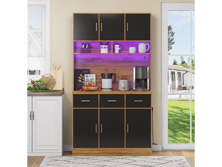 Buffet de cuisine multifonctionnel 100x40x180cm Meuble de cuisine avec éclairage LED 3 tiroirs 1 étagère 6 armoires - Noir
