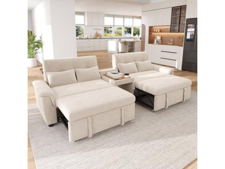 DUlVBPE U-förmiges Schlafsofa, ausziehbar, Doppel-Schlafauszug, verstellbare Rückenlehne, Haustierbereich, Couchtisch mit 2 Becherhaltern, 4 Kissen, Chenille, Beige, 284×138×89 cm