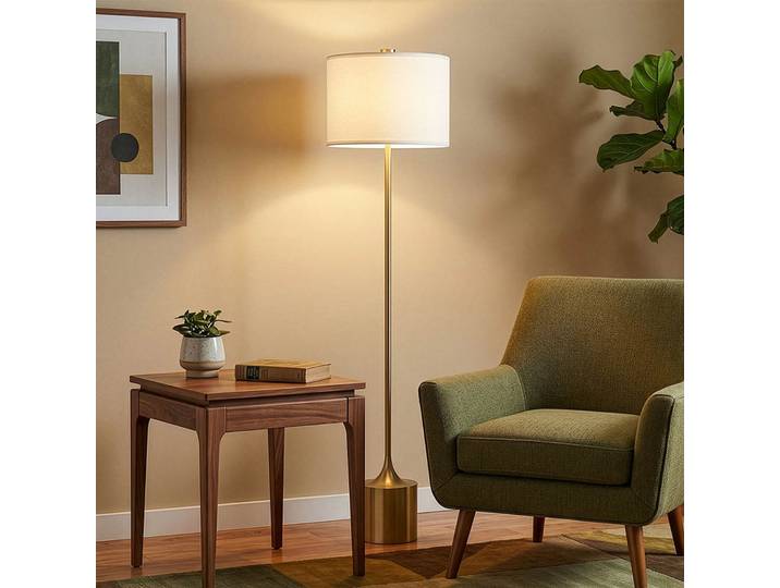Issa Stehlampe elfenbein/gold 156 cm Leinen/Metall - Elstead - Wohnzimmer - Vintage - Aluminium - Einflammig