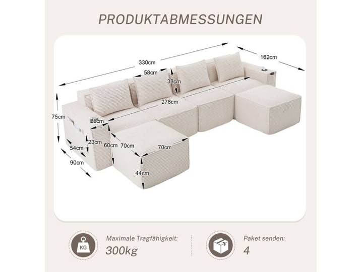 Canape d angle modulable 4 places beige en corduroy avec 2 poufs porte-gobelets et poches laterales ORVRYN