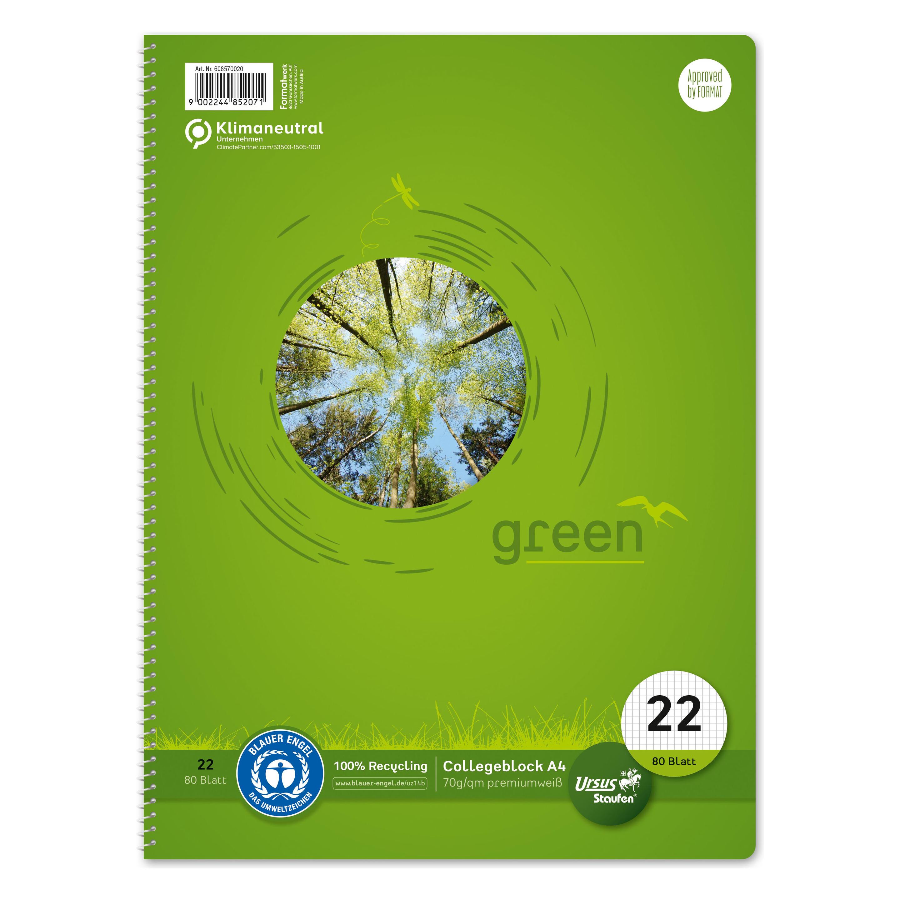 Ursus Green Collegebook (A4, Kariert, Weicher Einband) (608570020)