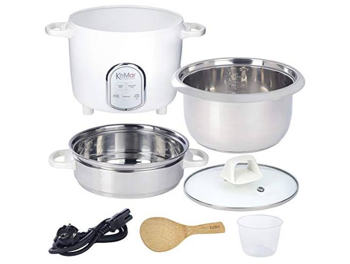 KeMar Reiskocher (5 Programme, 1,4L, 500W, Weiß) 7 Messbecher, Edelstahltopf & Glasdeckel - inkl. Dämpfeinsatz, Dampfgaren - Edelstahlschüssel, spülmaschinengeeignet, Warmhaltefunktion, KRC-175