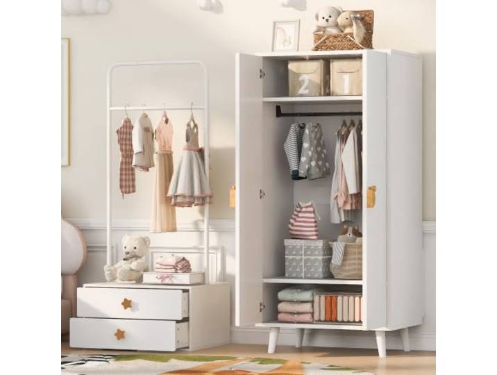 BXEYXE Kleiderschrank (Einzelstück 70 × 55 × 170 cm), Doppeltür-Design mit großen Staufächern, Cartoon-förmige Griffe und erhöhte Füße, Holzfarbe