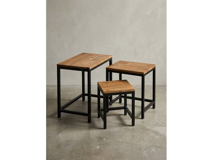 KADIMA DESIGN Satztisch 3er Set Design Beistelltisch AKOLA Massivholz Satztisch Metallbeine (Couchtisch aus Massivholz), Tischset 3 teilig Materialmix