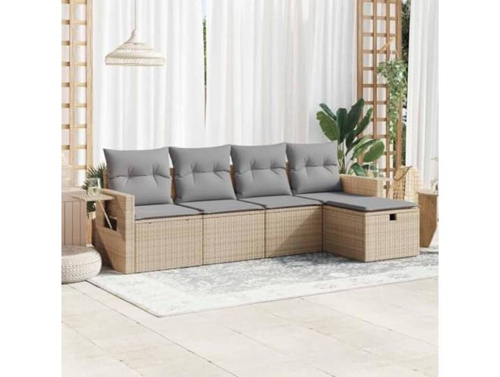 YUTAASU 5-TLG. Poly Rattan Sofagarnitur mit Kissen Beige