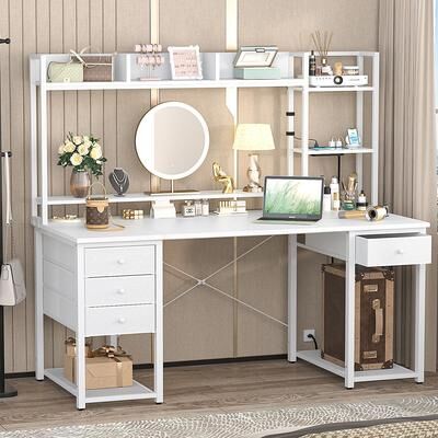 Rackcog Gaming Desk with Hutch and Drawers, Office Computer Desk with Charge Station and LED Light