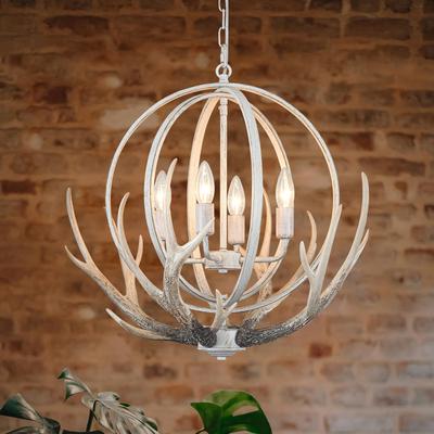 LWYTJO Antler Chandelier 4-Light Farmhouse Rustic Chandelier with 4 Resin Deer Metal Globe for Kitchen Island Foyer