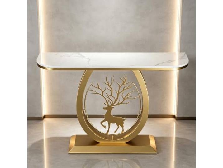 Schmaler Konsolentisch mit Metallrahmen, moderner Eingangstisch Flur Platzsparendes Design, robuster Metallrahmen, moderne Ästhetik, vielseitig einsetzbar(Gold D,31.5in)