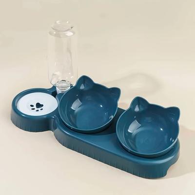 Uplifted Finds Pet Bowls With Water Feeder 3 In 1 Cat Water And Food Bowl Set With Gravity Water Bottle navy Blue
