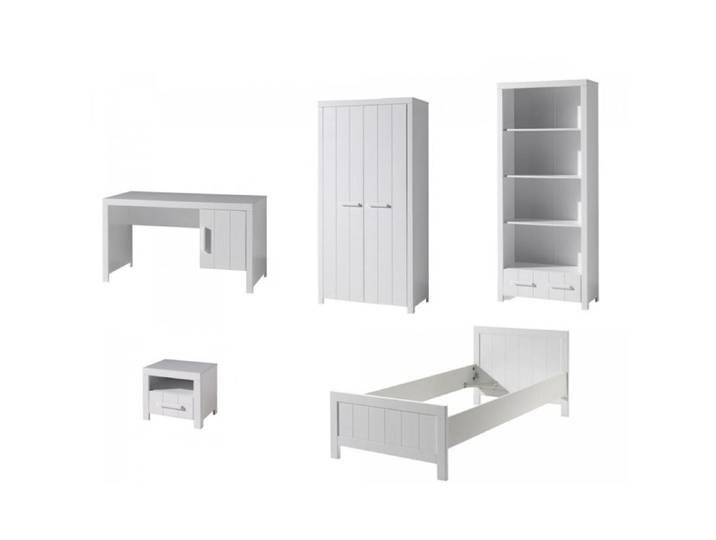 Chambre enfant Erik 90x200 cm en pin massif laqué blanc - Bureau lit table de chevet armoire 2 portes et bibliothèque