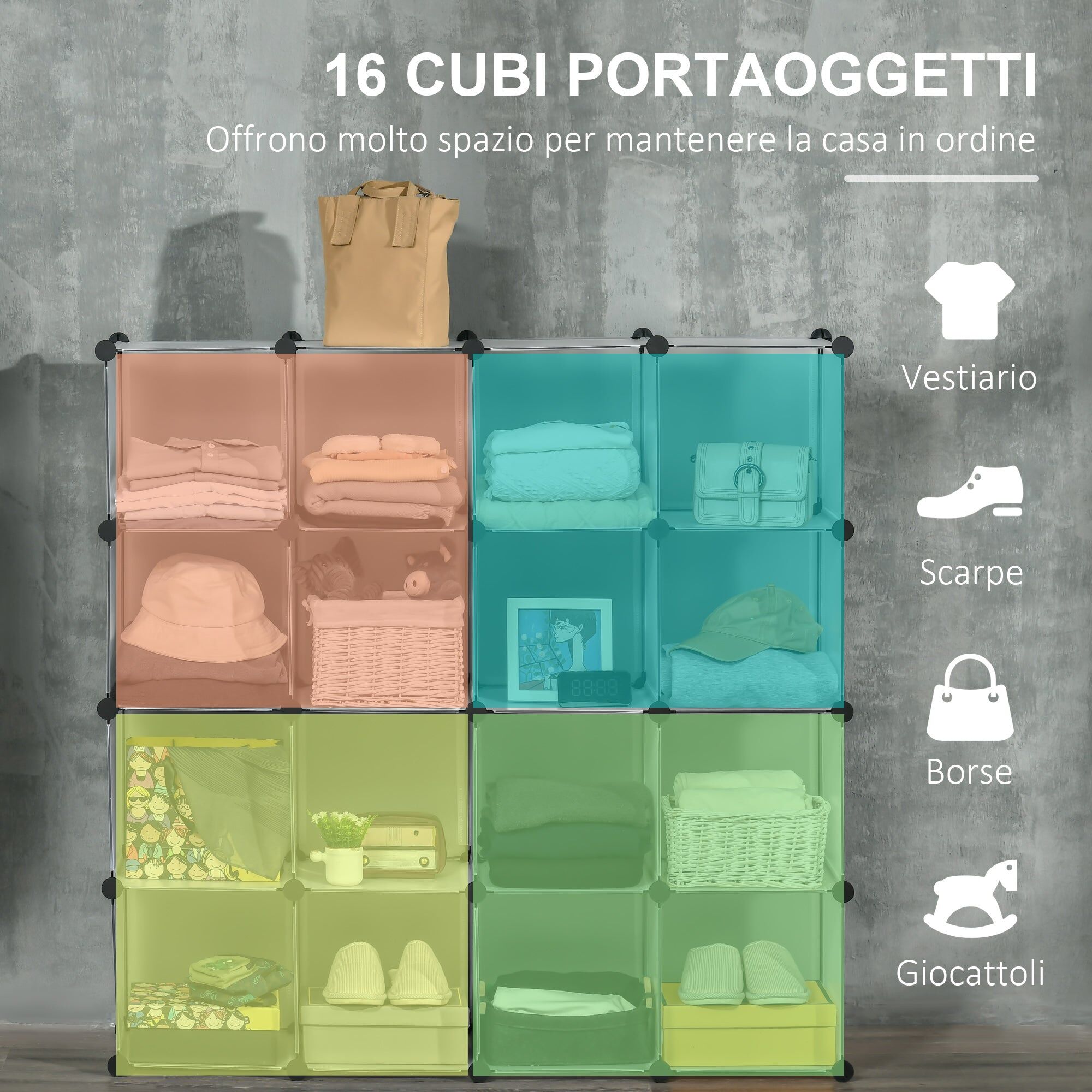 giordanoshop Scarpiera Modulare 125x32x125 cm 16 Cubi in Plastica e Acciaio Trasparente...