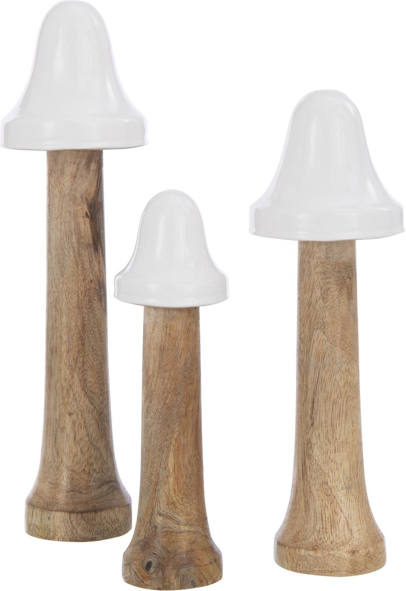 J-Line Decoratie Paddenstoel Dun - Hout - Natuurlijk/Wit - 3 stuks
