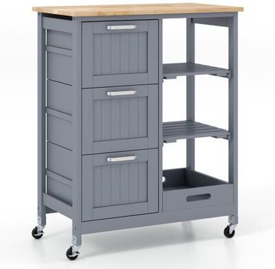 Costway Kitchen Island Cart on Wheels with Rubber Wood Top and 3 Drawersand Removable Tray-Gray