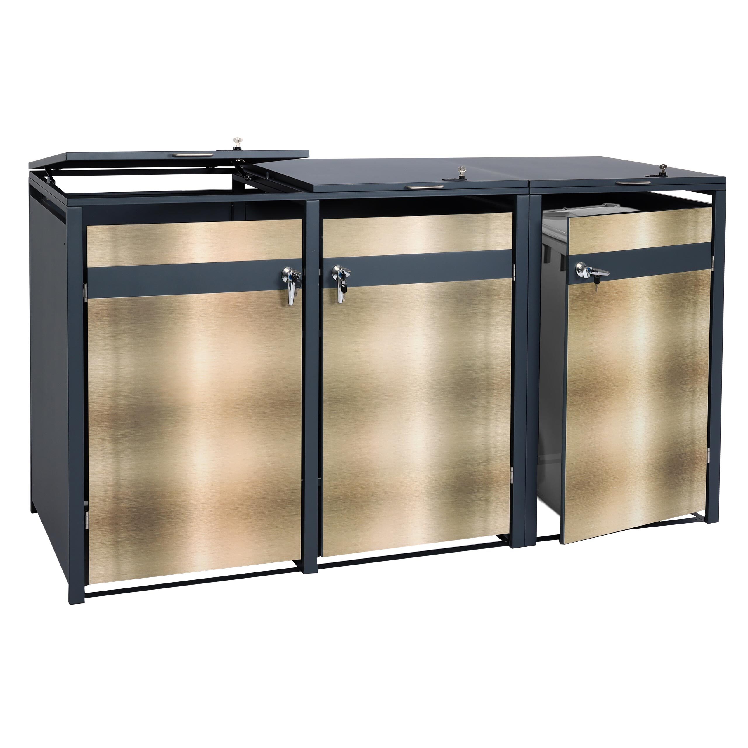 3er Mülltonnenverkleidung MCW-J82, Mülltonnenbox, erweiterbar, Metall 80kg, anthrazit gold