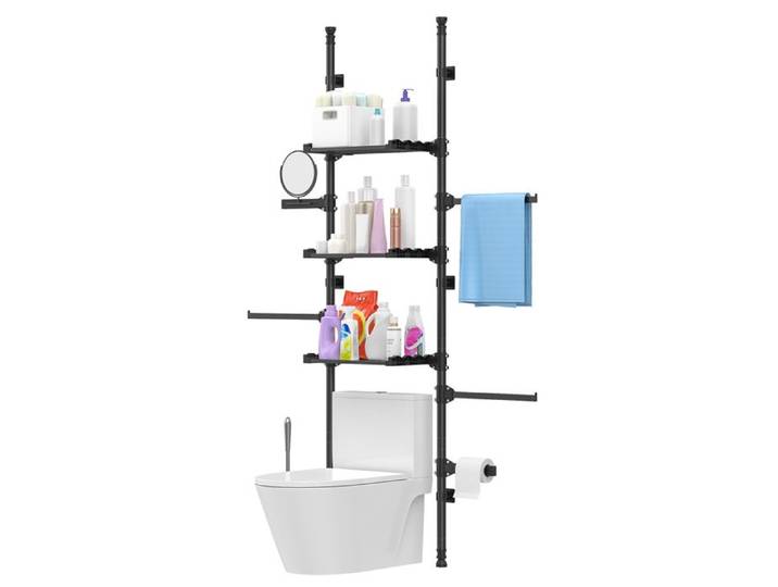 FLASIDU Meuble Etagère Dessus Toilettes WC Réglable 4 niveaux sans perçage peu encombrant Acier au carbone 25*50*298cm Noir
