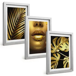 BILDER SET 3er Set - 20x30 cm Silberner Rahmen - Mund einer Frau mit Monstera-Palme