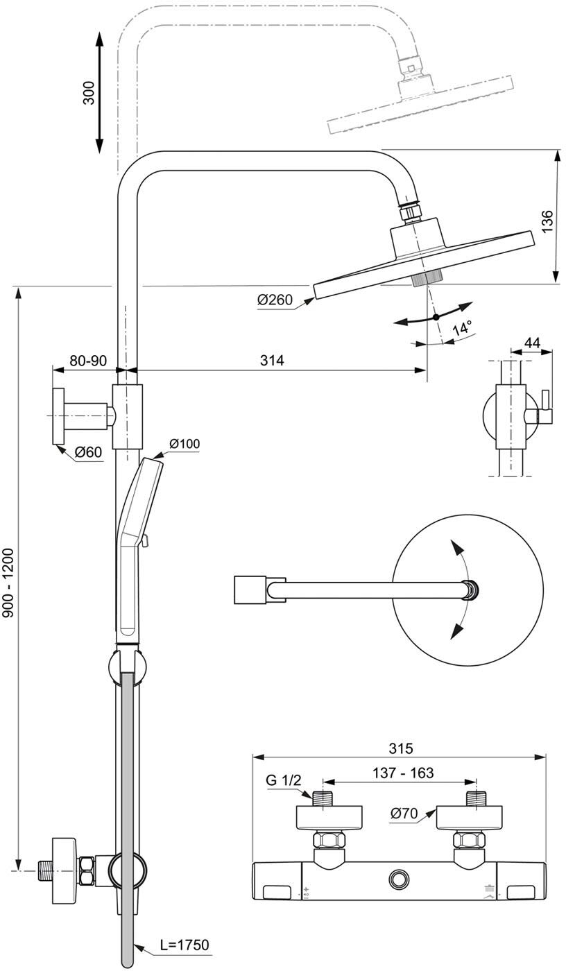 Ideal Standard T25+ Duschsystem, Kopfbrause rund