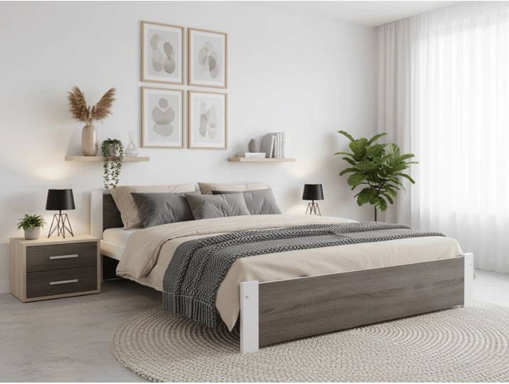 Bett IKAROS 180 x 200 cm, Weiß/Trüffeleiche Matratze: Ohne Matratze, Lattenrost: Mit Lamellenrost
