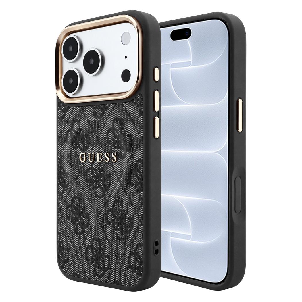 Guess PU-Leder 4G Goldrahmen Prägung MagSafe Hülle für iPhone 18 Pro Schwarz (Apple iPhone 17 Pro, Apple iPhone 18 Pro) (GUHMP18LP4MSEGCK)